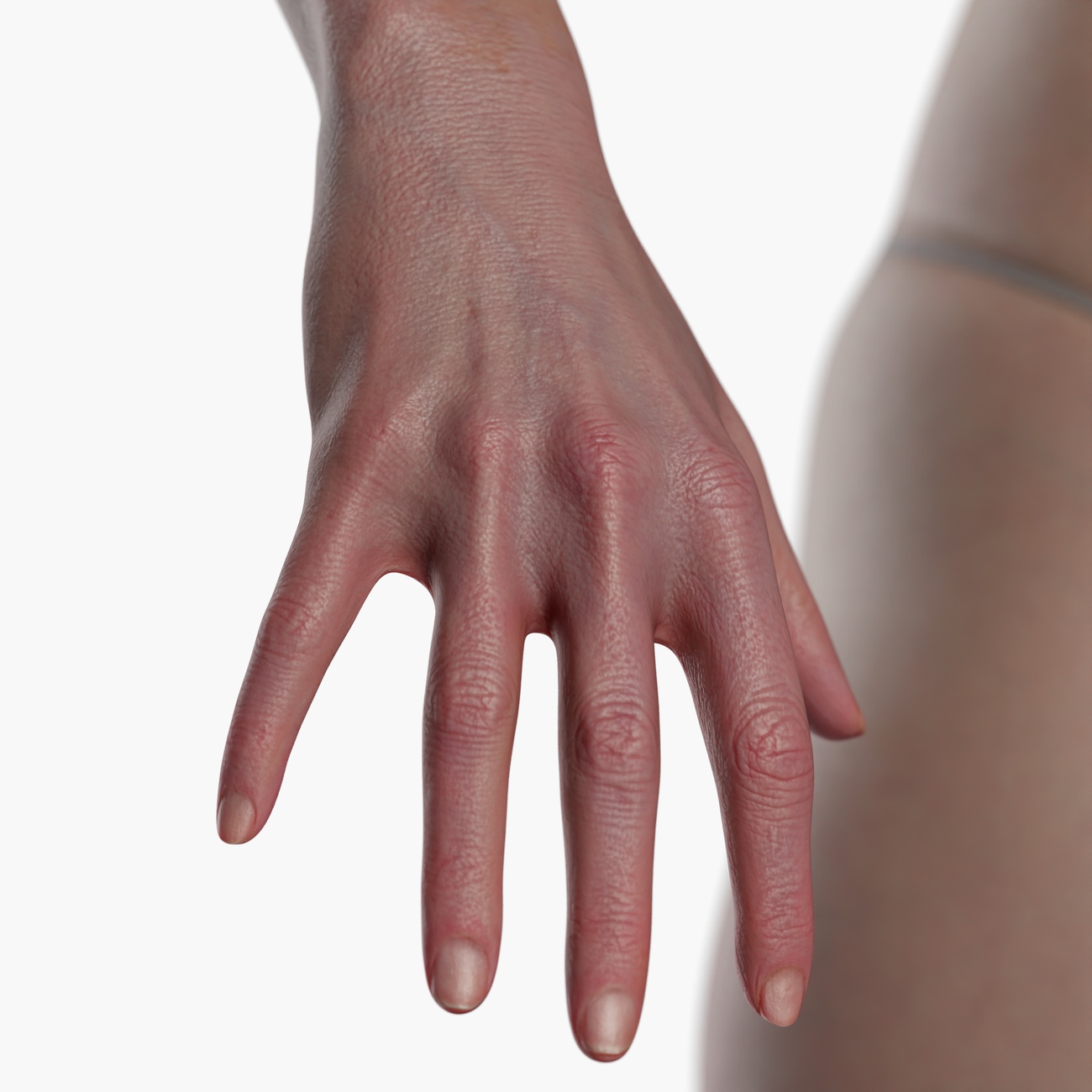 Close-up render of a female 3D hand scan showing fine surface detail and natural skin texture